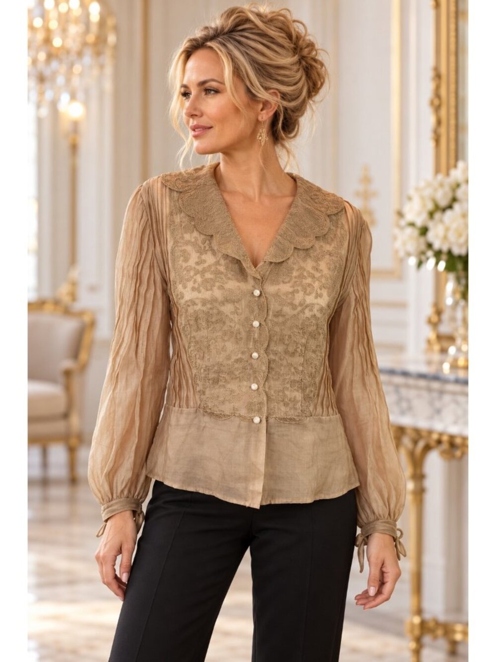 Nic + Zoe Sheer Lace Button-Down Blouse Scalloped Collar Womens Medium Beige
